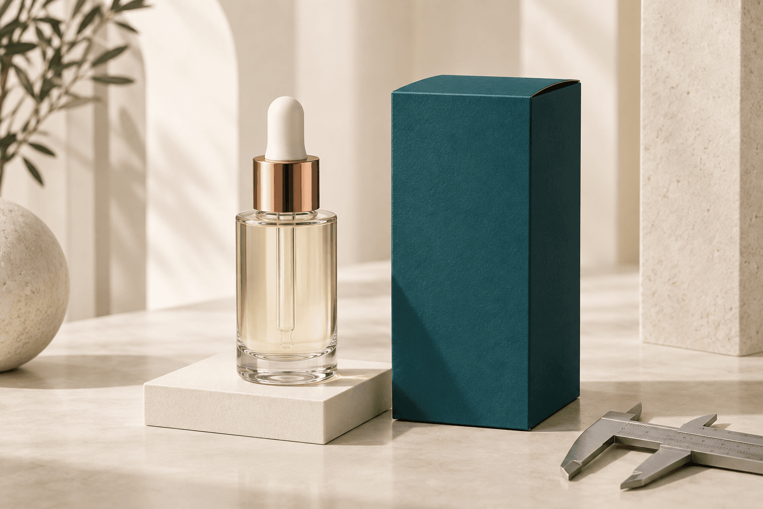 Closed serum dropper bottle beside a proportioned folding carton, paperboard locator and measuring caliper