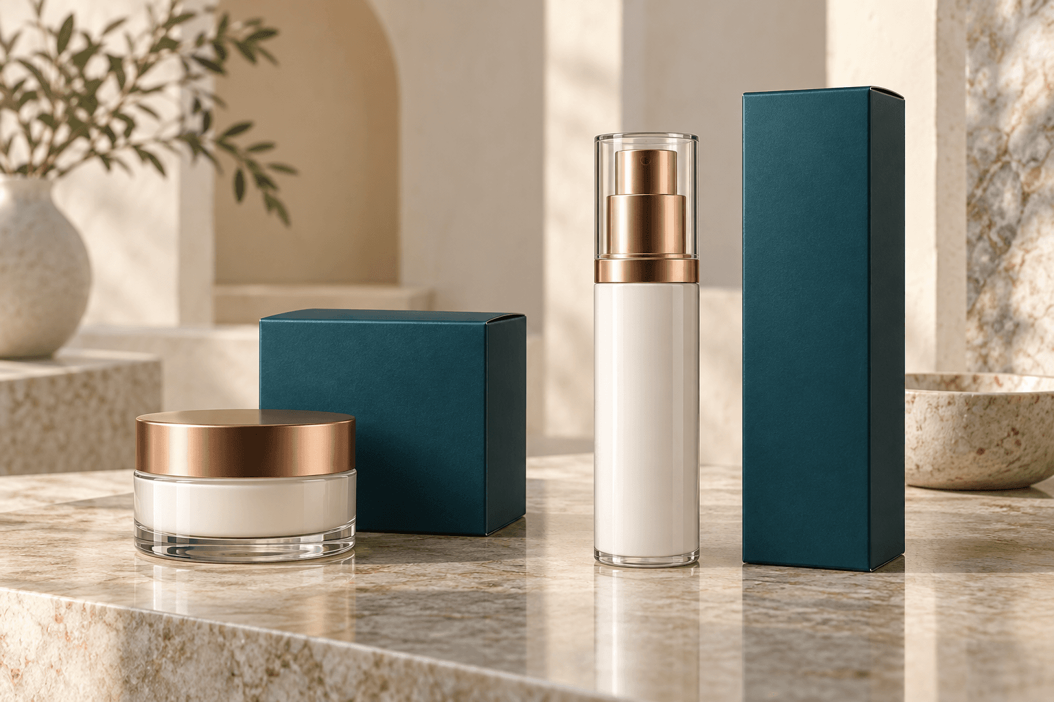 Moisturizer jar and pump bottle displayed beside cartons proportioned for their different shapes