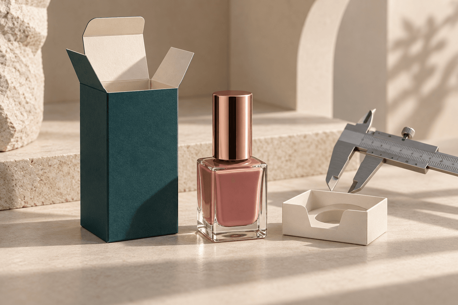 Glass nail polish bottle beside a folding carton, localized paperboard support and cap-clearance measurement